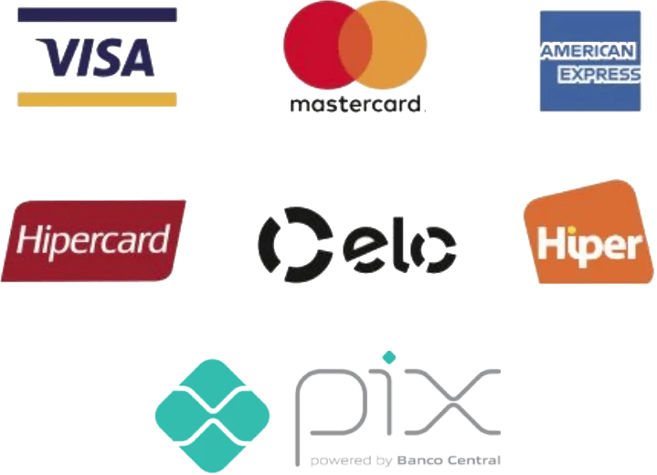 Formas de pagamento aceitas: Visa, Mastercard, American Express, Hipercard, Elo, Hiper e Pix